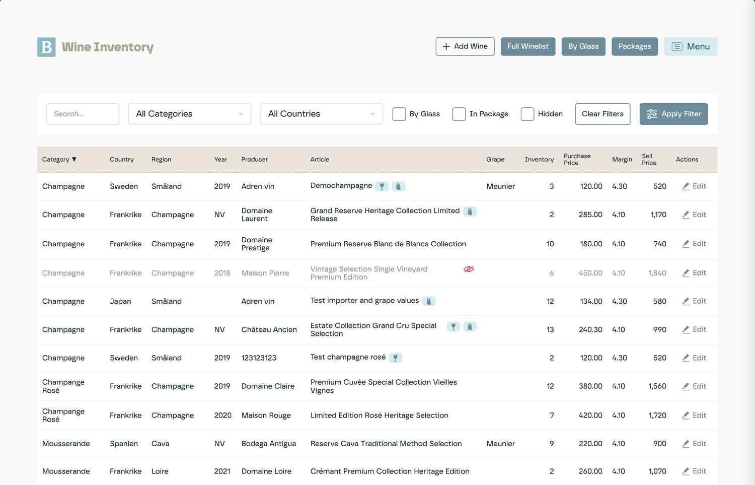 Bartend wine inventory view